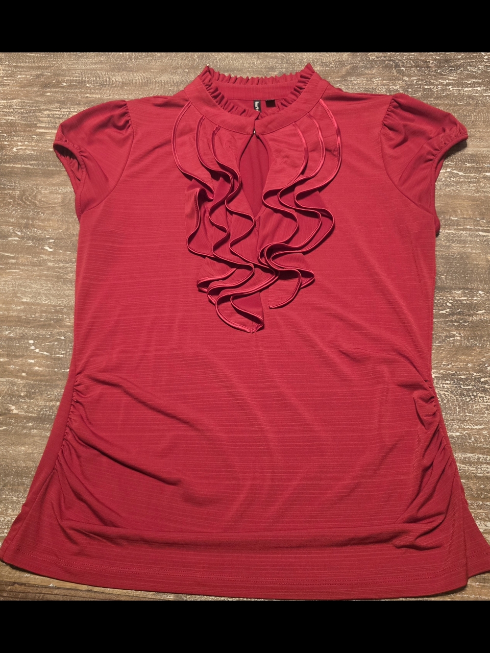 Womens Red Ruffle Front Short Sleeve Top